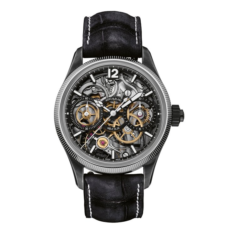 The Montblanc Unveiled Secret Minerva Monopusher Chronograph Limited Edition features a historic hand-wound Minerva MB M16.29 movement with all its meticulous hand-finishing. This mesmerising movement has been flipped over to display all the mechanical action on the dial side of the watch. At first glance, the viewer may think it is a skeletonised movement, but a closer look reveals that this historic chronograph movement is on full display on the dial side. 