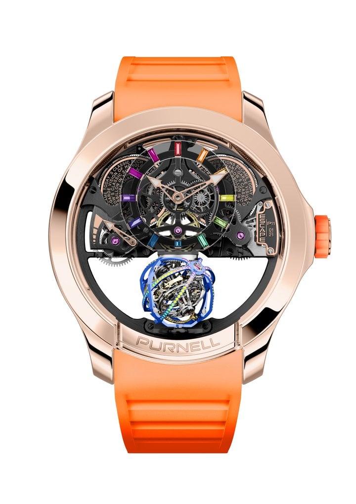 Purnell Escape Primo - 18K Rose Gold Rainbow (2022) @WatchGK. This “spherion” – a spherical multi-axis tourbillon – is set with precious stones. The movement was designed in collaboration with watchmaker Eric Coudray.