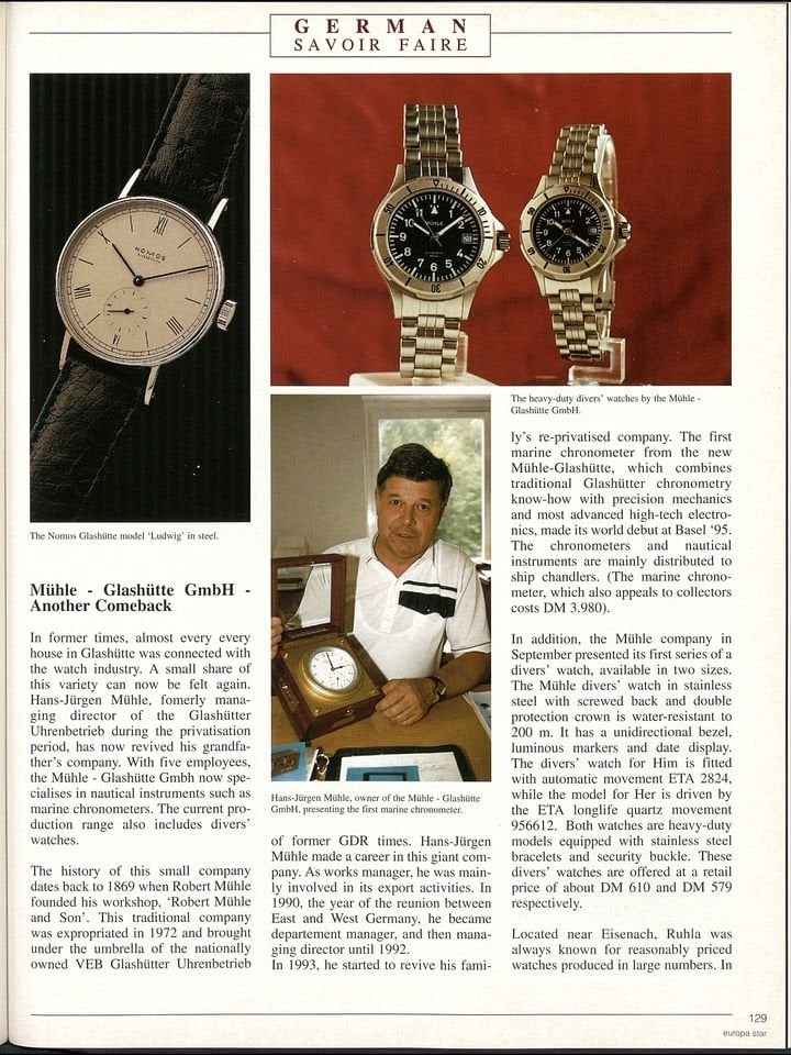 A Europa Star article from 1995 on the relaunching of Mühle-Glashütte, following German reunification