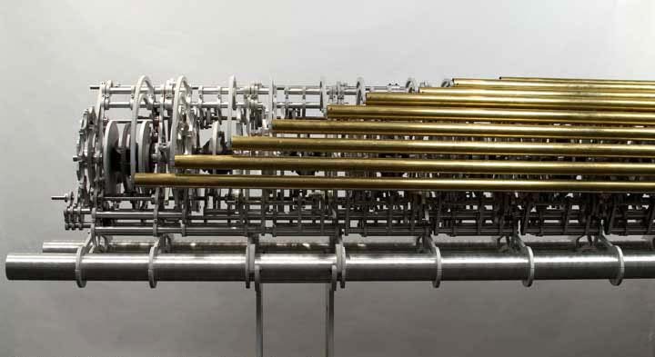 Musician Brian Eno programmed the tunes that this mechanical computer plays on ten tubular bells. More than 3.5 million combinations are possible.