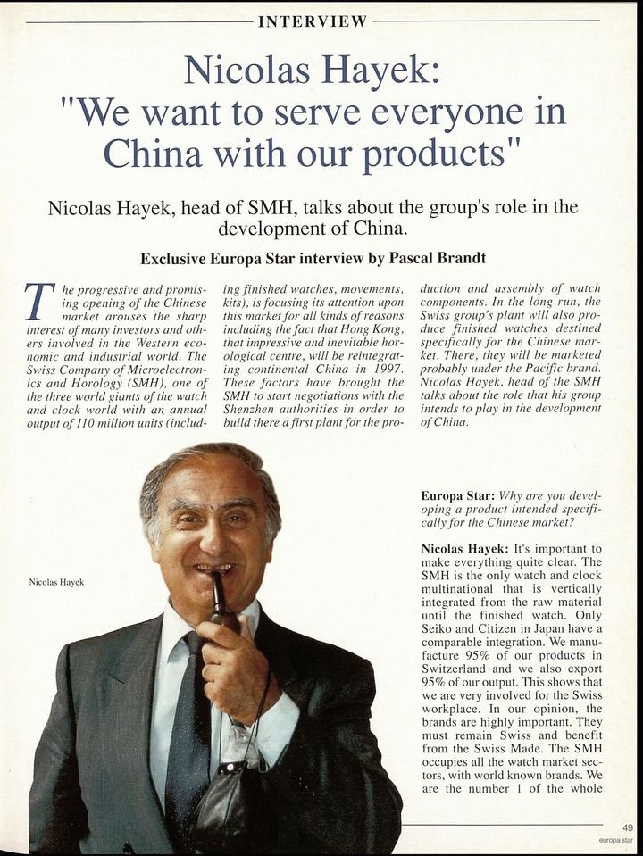 Pascal Brandt's 1994 interview with Nicolas Hayek on prospects for his group in China.