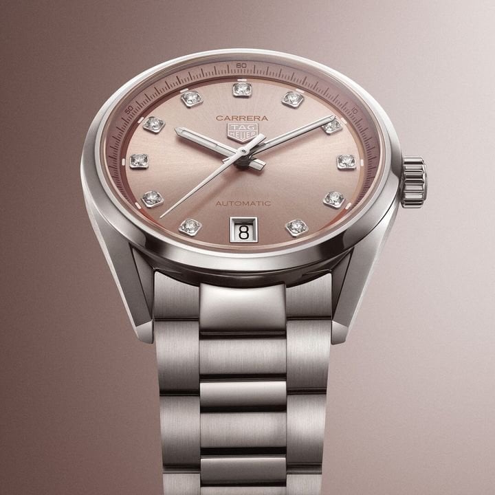 The TAG Heuer Carrera Date also comes in shades of powdered rose or lilac in a 36mm-diameter model.