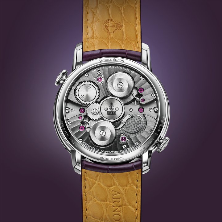 After imperial jade, malachite and Baltic amber, Arnold & Son has chosen charoite for its Double Tourbillon.