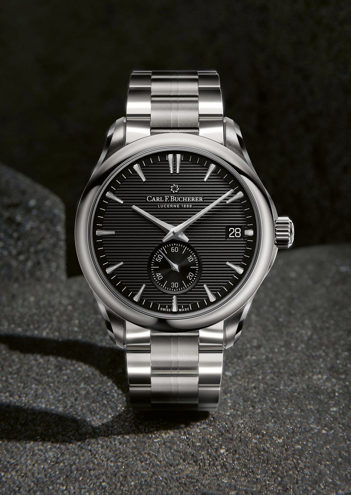 The dial's embossed, striped background adds tactility, depth and sophistication, and is complemented by indices and hands that feature a flattened upper surface, while a tone-on-tone small seconds sub-dial brings added panache. The overall appearance is of minimalistic chic, with straps or bracelets to match.