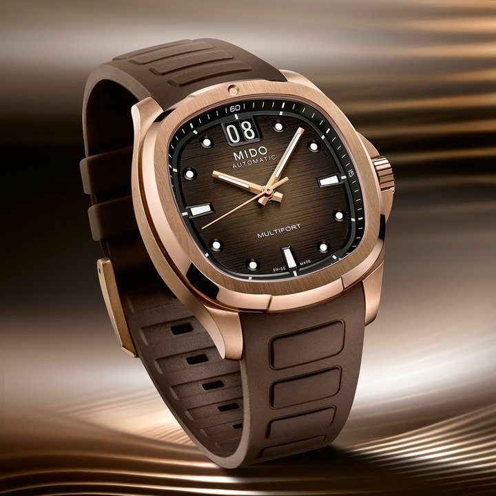 With this charismatic Multifort TV Big Date, Mido is reinterpreting the history of the TV-shaped case in a warm, elegant new colourway: rose gold and hints of chocolate – powered by an ultra-precise, robust mechanism.