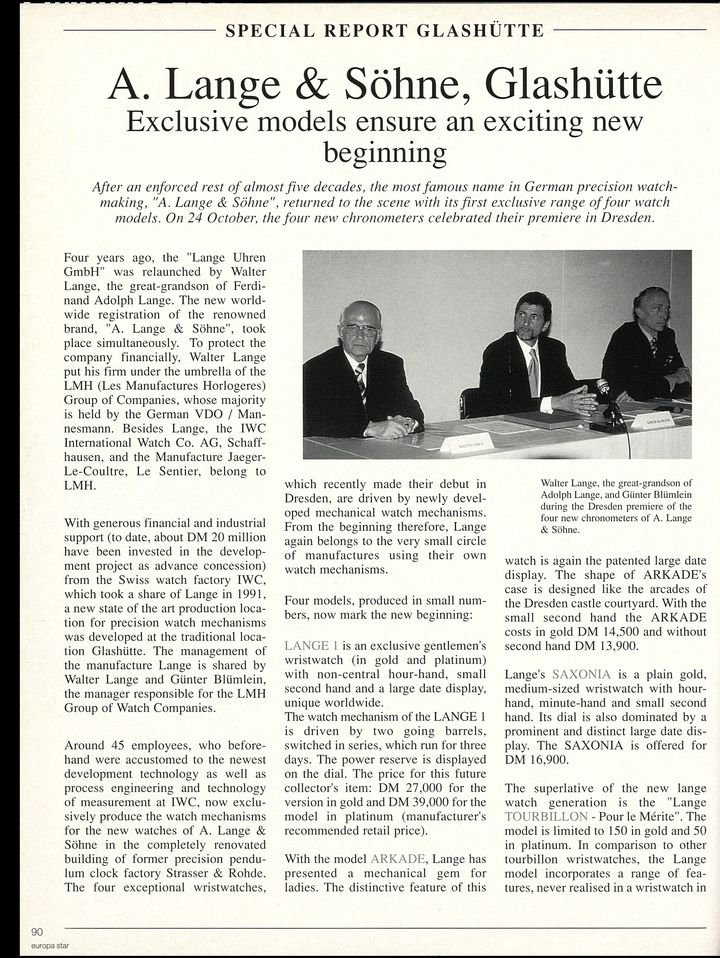 The return of A. Lange & Söhne following German reunification, described in this article published by Europa Star exactly thirty years ago, in 1994