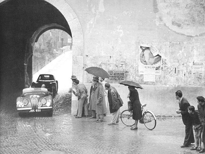 The Mille Miglia in 1950. Fraught with danger, the race was popular with Italians from its earliest editions. After a more than twenty-year hiatus, it was re-established in 1977 as a test not of speed but of regularity.