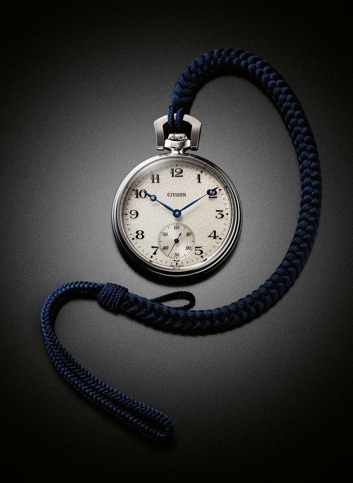 100th Anniversary of the first Citizen watch Special Limited Edition Pocket Watch. 43.5 mm / 13.4 mm case in titanium alloy. Water-resistant. Transparent case back (dual spherical sapphire glass).