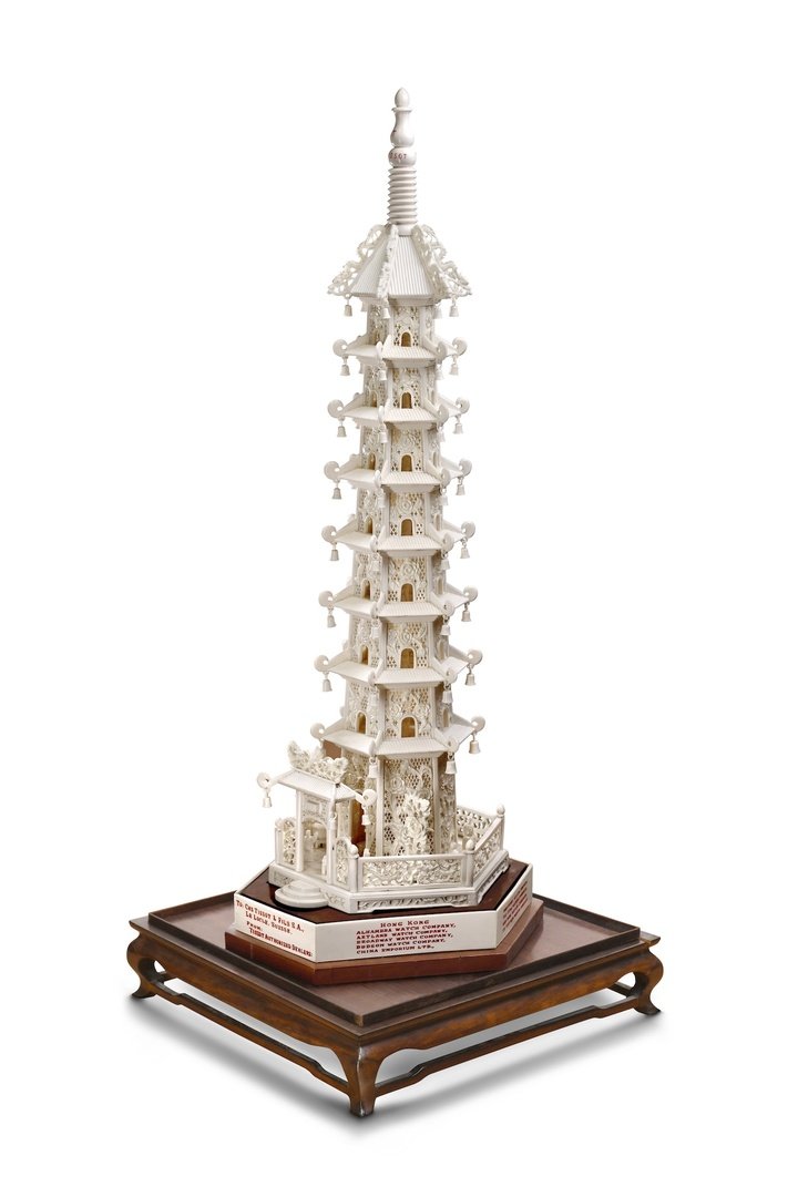 Tissot Pagoda given as a gift by Hong Kong and Macau authorised dealers in the late 1950s to early 1960s. Made of carved buffalo bone. Tissot Museum Collection
