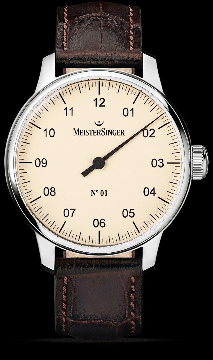 How it all began: the MeisterSinger N°01 whose distinctive single hand makes a leisurely sweep of the cream-coloured dial