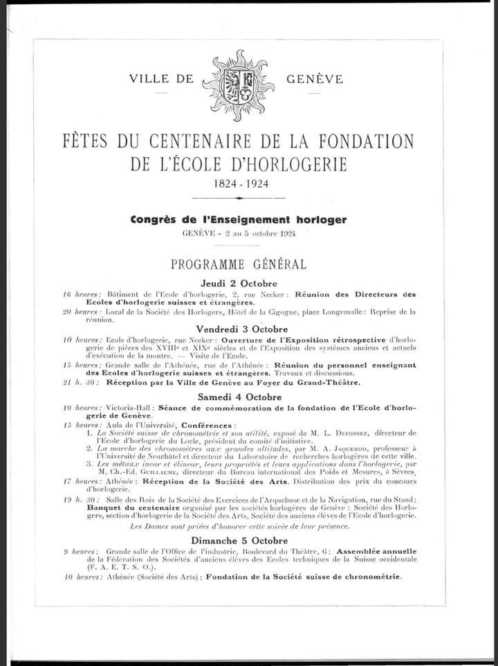 Among the items on the agenda for the centenary of the Geneva Watchmaking School in 1924: the founding of the Société Suisse de Chronométrie (JSH, 1924)