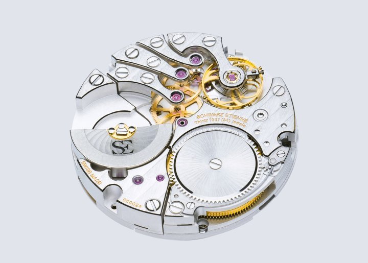 ASE 100.00 Movement (Automatic Schwarz Etienne): automatic movement with off-centre micro-rotor, secured by self-blocking key. Power reserve of at least 4 days. Stop seconds. Central hours and minutes, small seconds at 6 o'clock (optional). Second time zone indication (GMT) in the centre (optional), adjusted by the crown. Designed to accept complications.