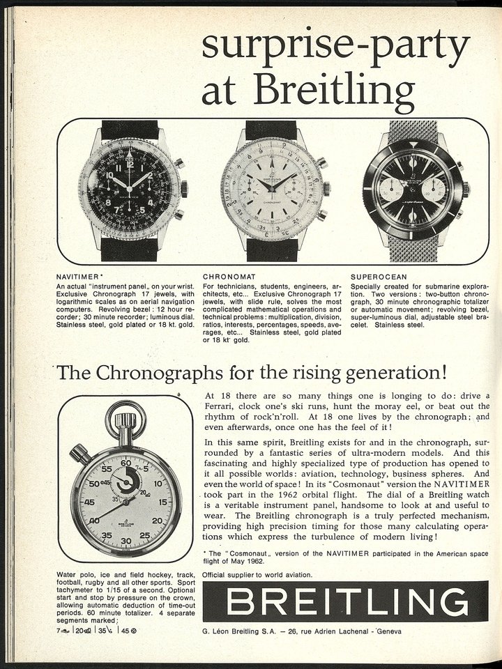 Three iconic models: the Navitimer, the Chronomat and the Superocean (Europa Star archives, 1963).