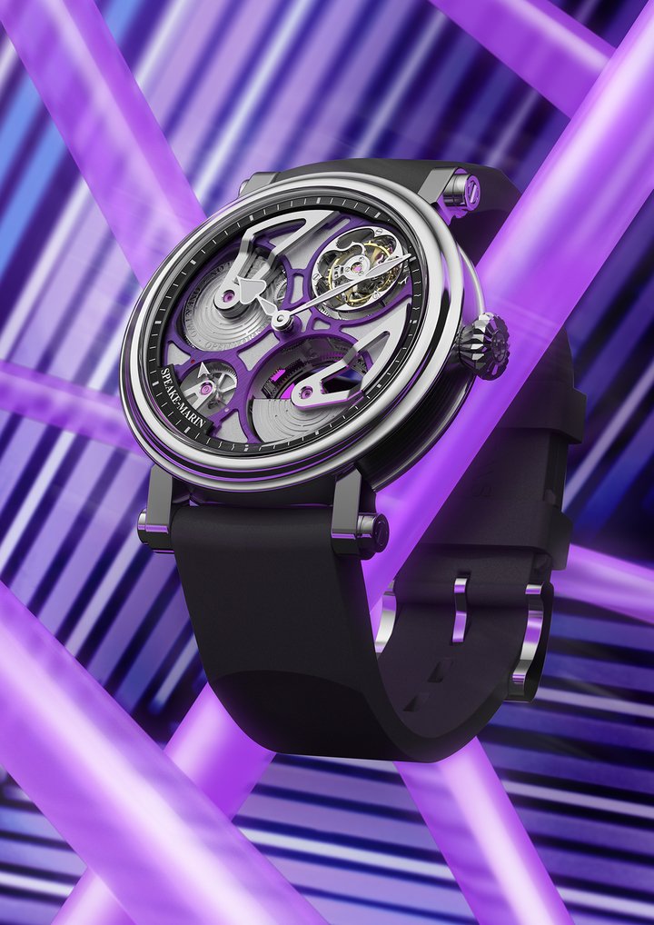 The satin-brushed and rhodium-plated dial of the Openworked Tourbillon Ultra-Violet is multilayered, with carved microbeaded pockets which create a refined grid, with microbeaded profiles angled at 45° in a vibrant ultra-violet hue obtained through positive PVD coating. Limited production of only 5 pieces with a 42mm case and an additional 4 pieces measuring 38mm in diameter.