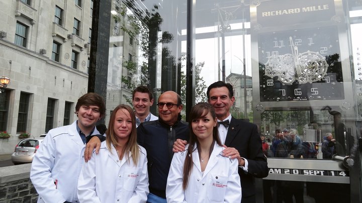 20 September 2014, Richard Mille and students of the Porrentruy school of watchmaking at the inauguration of the Clock from Jura.