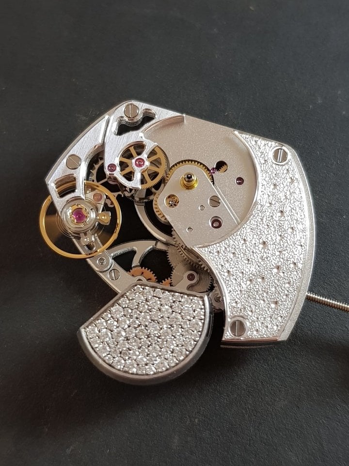 The Tortue Lady movement. Its oscillating weight has been remounted on the top of the movement, positioned at 6 o'clock. It has been fitted with a cover that can be set, engraved, coloured, etc.