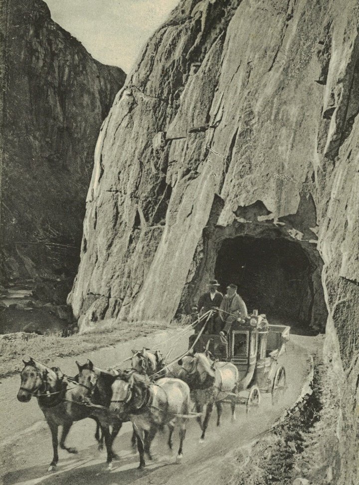 Stagecoach in the Swiss mountains. Late 19th, early 20th century. Tissot Museum.