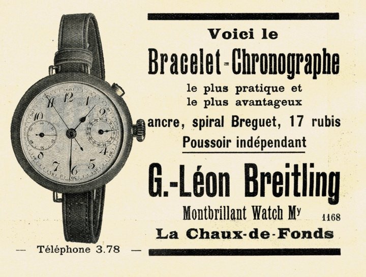 A 1910 advertisement for Breitling's first monopusher chronograph.