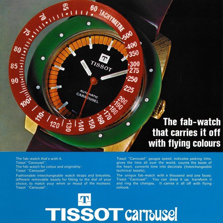 ‘Carrousel' record inside cover: Tissot advertisement for “The fab-watch that carries it off with flying colours”, 1968. Tissot Archive
