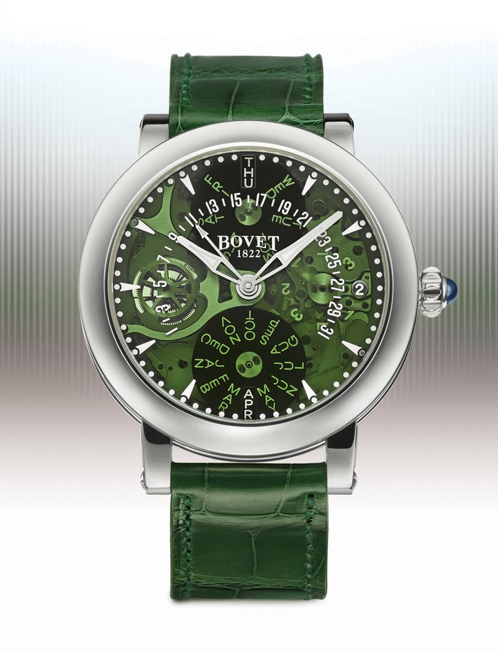 The new sapphire crystal dial showcases the perpetual calendar mechanism to full effect, allowing the wearer to see how everything works without detracting from its primary function – to display essential information. Achieving the perfect balance of colour, transparency and clarity in the sapphire crystal was a challenge, but Bovet has executed it flawlessly.